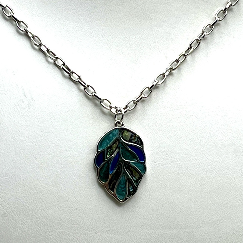 Boho Abalone Silver Leaf Pendant Necklace with Blue and Green Accents